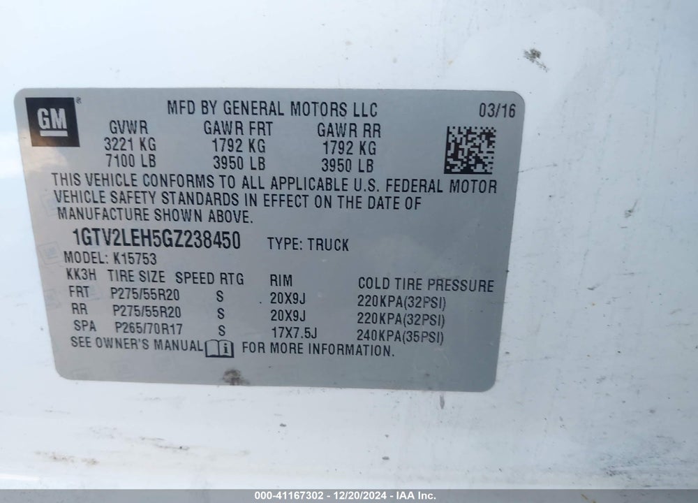 2016 GMC SIERRA 1500 VIN: 1GTV2LEH5GZ238450