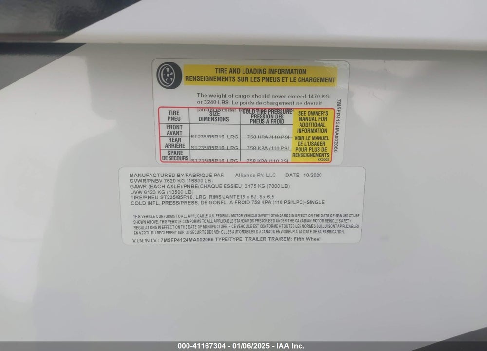 2021 5TH WHEEL PARADIGM VIN: 7M5FP4124MA002066