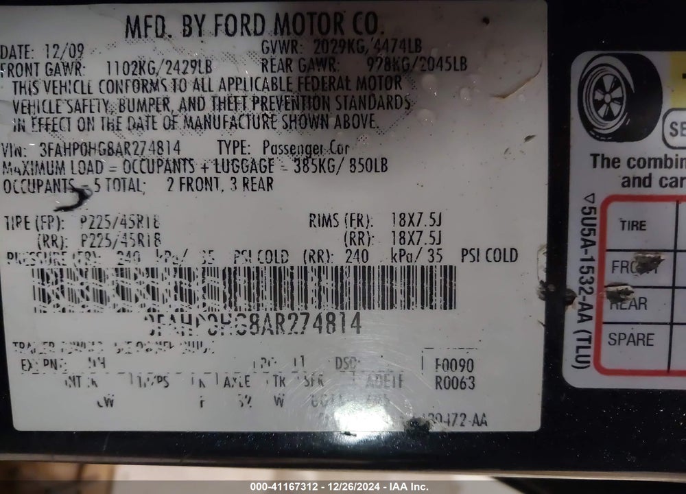 2010 FORD FUSION SE VIN: 3FAHP0HG8AR274814