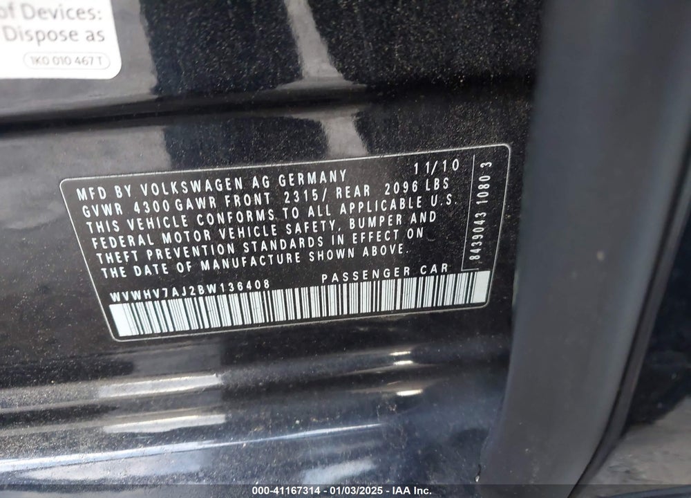 2011 VOLKSWAGEN GTI 4-DOOR AUTOBAHN VIN: WVWHV7AJ2BW136408