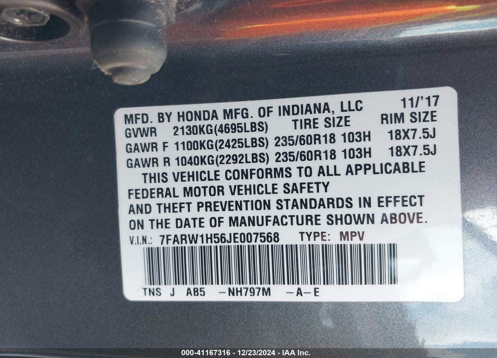 2018 HONDA CR-V VIN: 7FARW1H56JE007568
