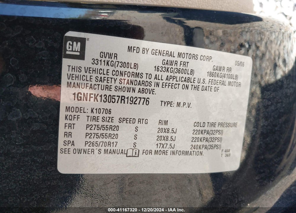 2007 CHEVROLET TAHOE LTZ VIN: 1GNFK13057R192776