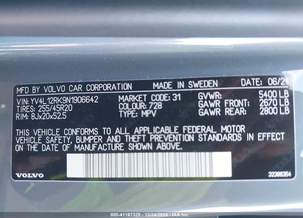 2022 VOLVO XC60 B5 MOMENTUM VIN: YV4L12RK9N1906642