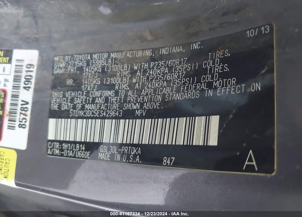 2014 TOYOTA SIENNA XLE LIMITED VIN: 5TDYK3DC5ES429643