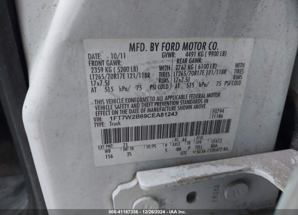 2012 FORD F-250 XL VIN: 1FT7W2B69CEA81243