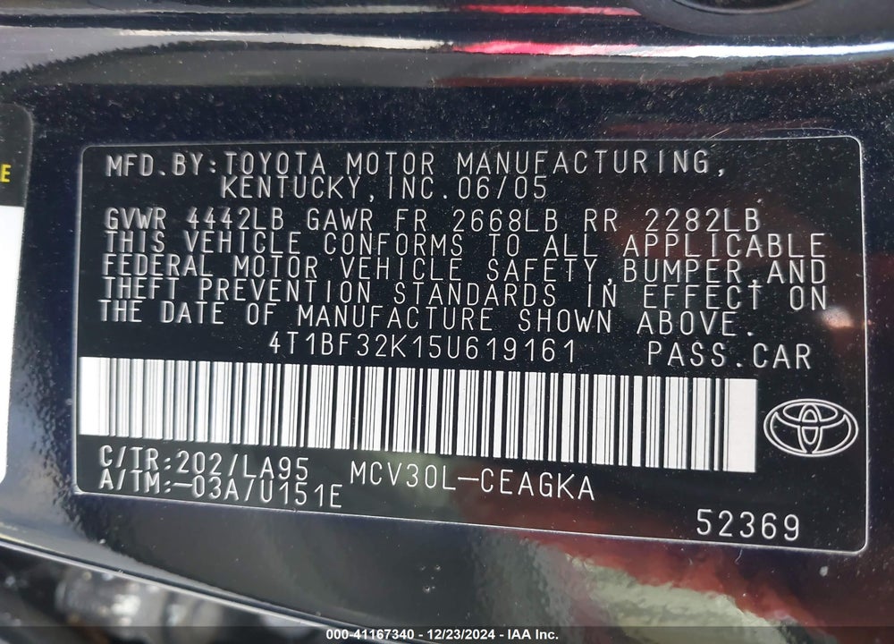 2005 TOYOTA CAMRY XLE V6 VIN: 4T1BF32K15U619161