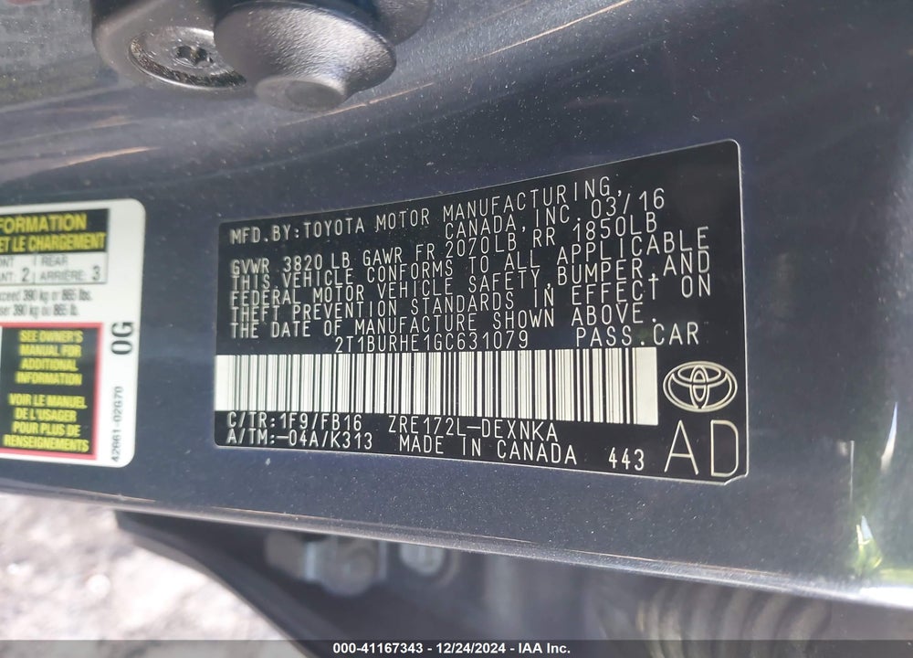 2016 TOYOTA COROLLA LE VIN: 2T1BURHE1GC631079