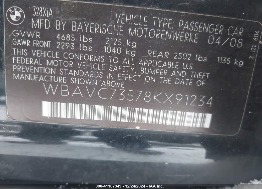 2008 BMW 328XI VIN: WBAVC73578KX91234