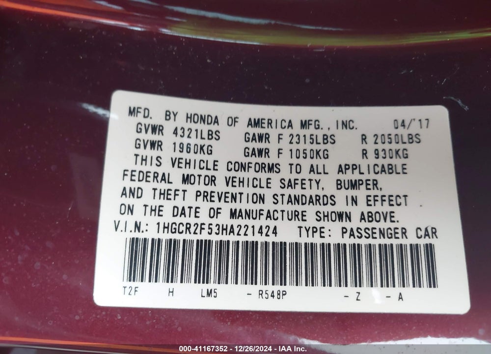 2017 HONDA ACCORD VIN: 1HGCR2F53HA221424