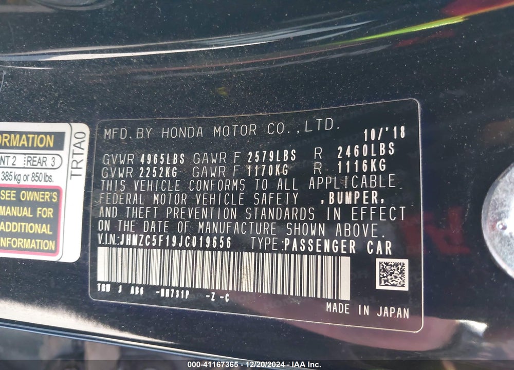 2018 HONDA CLARITY PLUG-IN HYBRID VIN: JHMZC5F19JC019656
