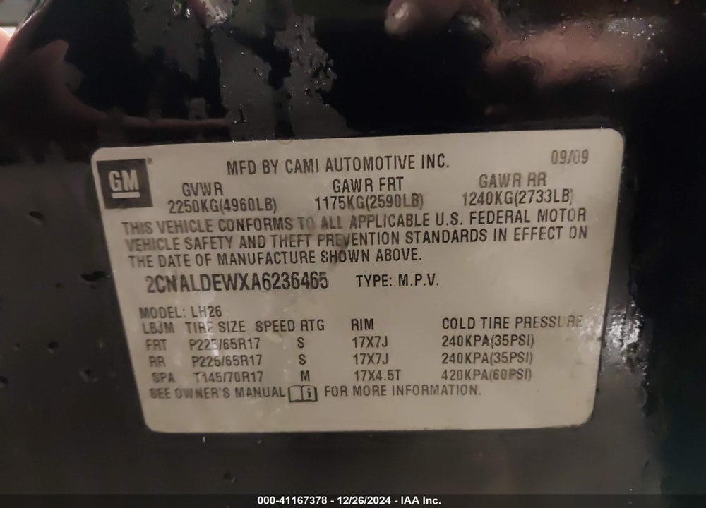 2010 CHEVROLET EQUINOX VIN: 2CNALDEWXA6236465