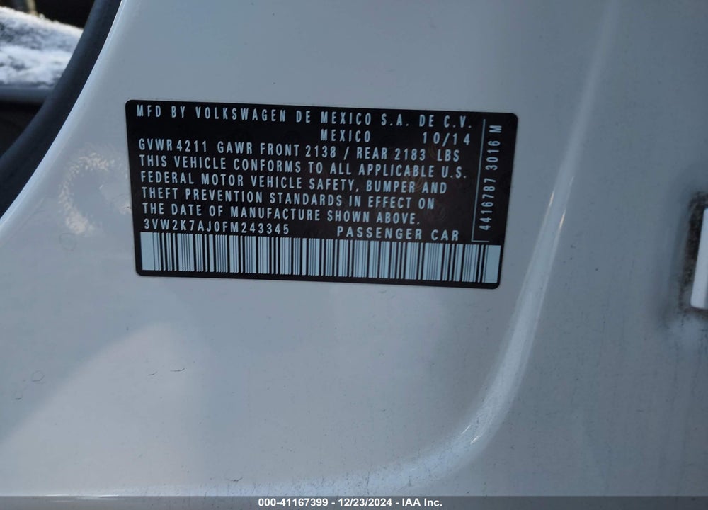 2015 VOLKSWAGEN JETTA 2.0L S VIN: 3VW2K7AJ0FM243345