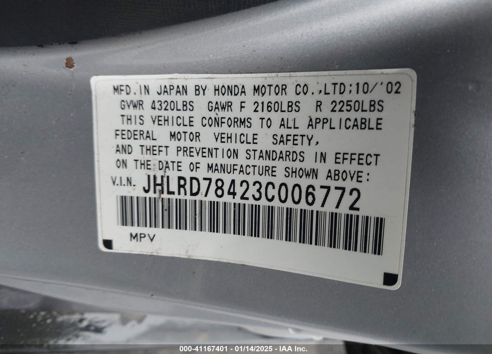 2003 HONDA CR-V LX VIN: JHLRD78423C006772