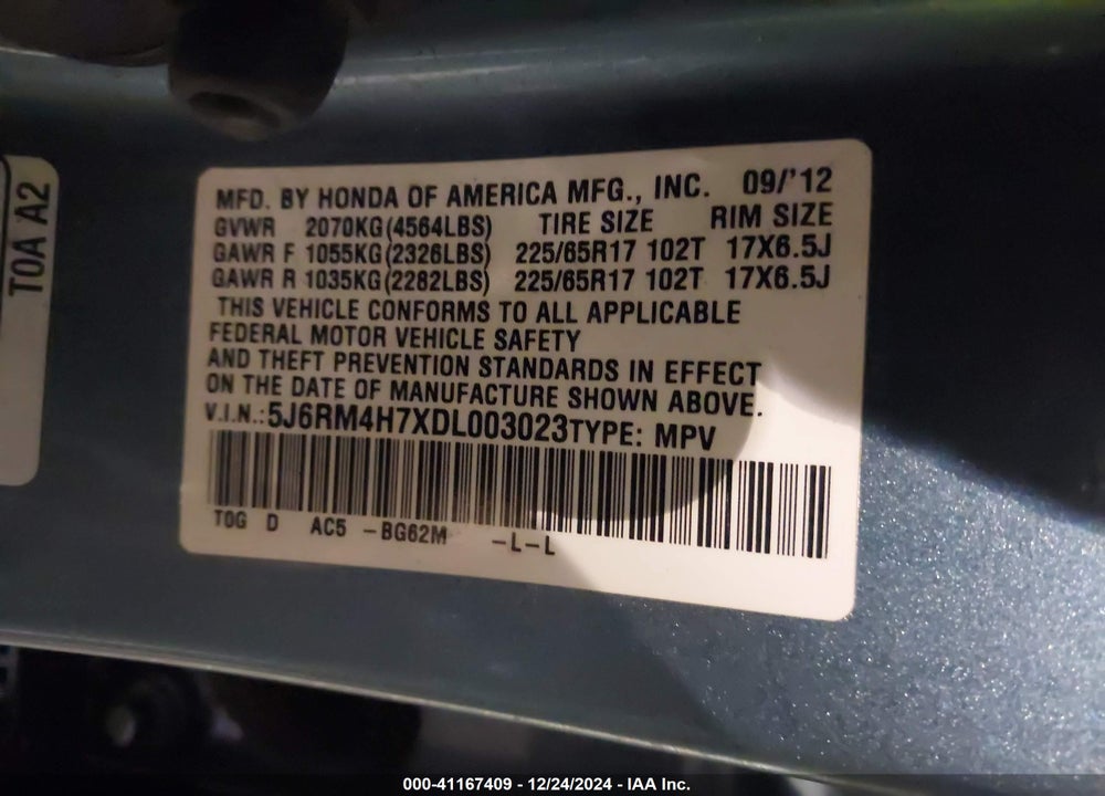 2013 HONDA CR-V EX-L VIN: 5J6RM4H7XDL003023