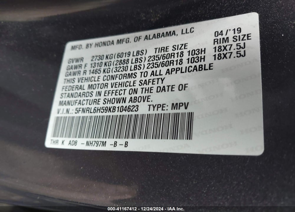 2019 HONDA ODYSSEY EX VIN: 5FNRL6H59KB104623