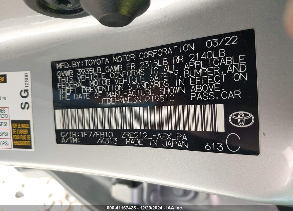 2022 TOYOTA COROLLA LE VIN: JTDEPMAE3NJ219510