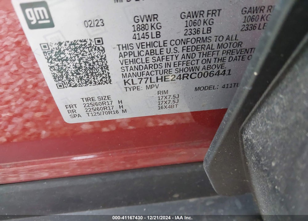 2024 CHEVROLET TRAX FWD LT VIN: KL77LHE24RC006441