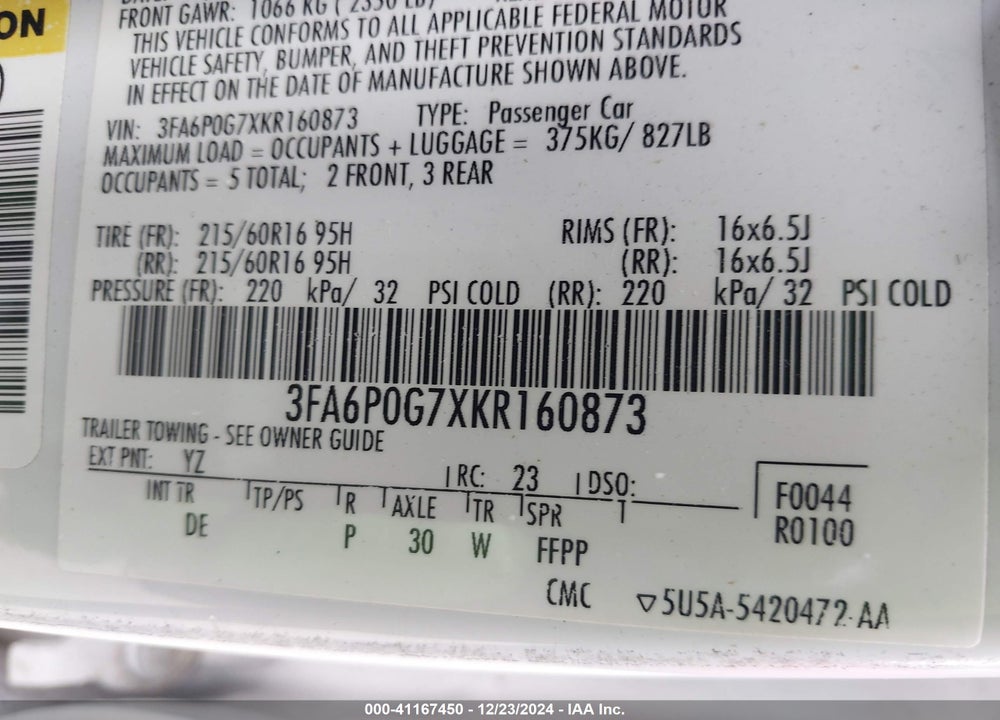 2019 FORD FUSION VIN: 3FA6P0G7XKR160873
