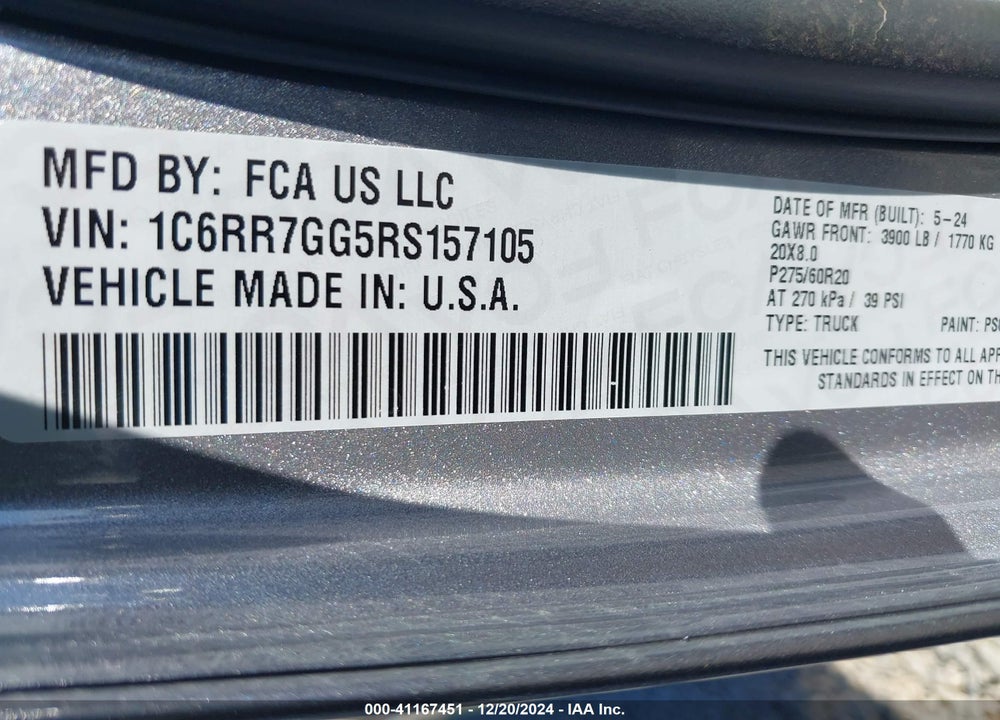 2024 RAM 1500 CLASSIC SLT 4X4 6'4 BOX VIN: 1C6RR7GG5RS157105