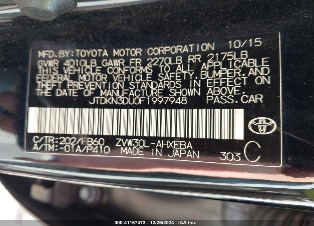 2015 TOYOTA PRIUS TWO VIN: JTDKN3DU0F1997948