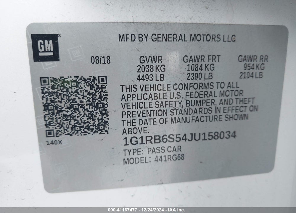 2018 CHEVROLET VOLT PREMIER VIN: 1G1RB6S54JU158034