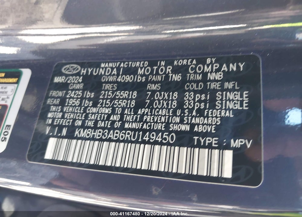 2024 HYUNDAI KONA SEL VIN: KM8HB3AB6RU149450