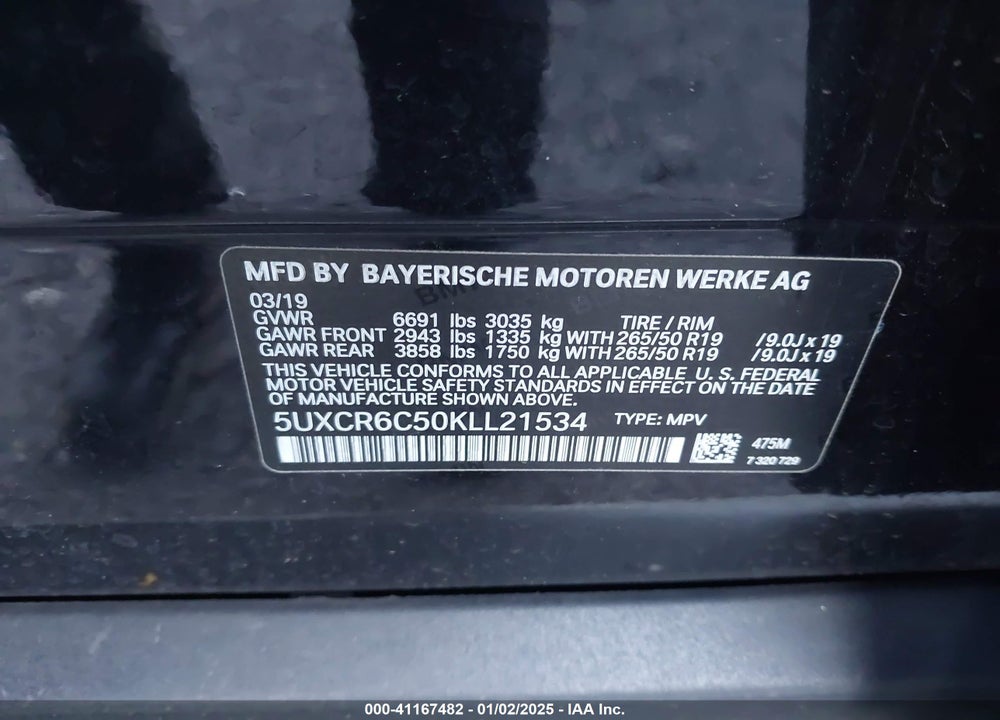 2019 BMW X5 XDRIVE40I VIN: 5UXCR6C50KLL21534