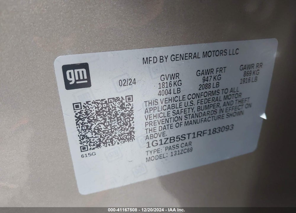 2024 CHEVROLET MALIBU FWD LS VIN: 1G1ZB5ST1RF183093
