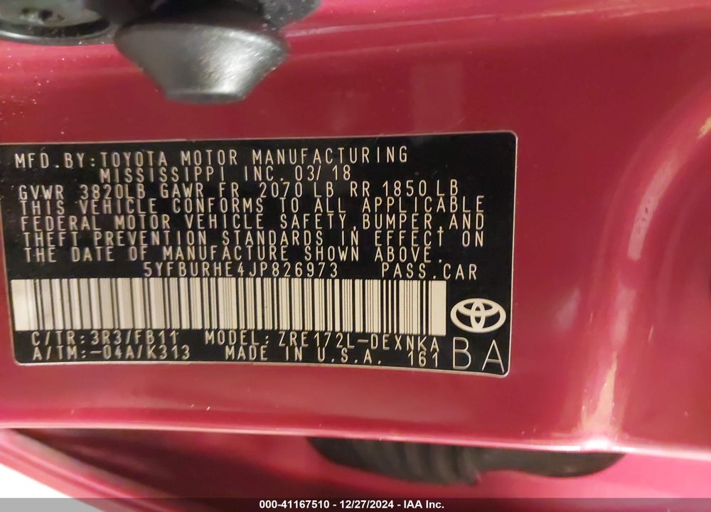 2018 TOYOTA COROLLA LE VIN: 5YFBURHE4JP826973