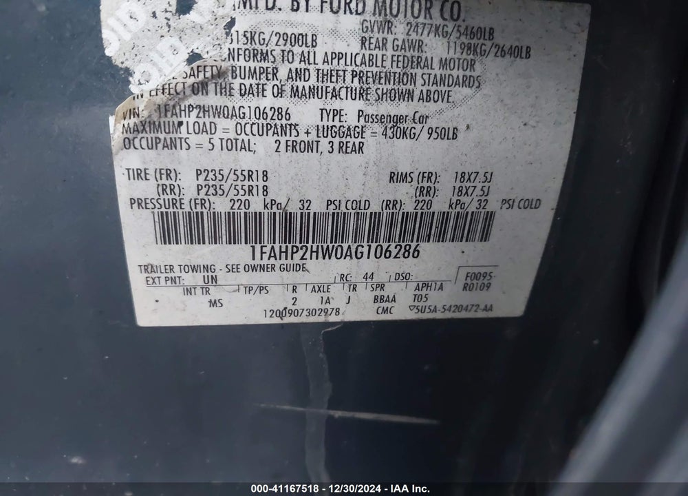 2010 FORD TAURUS VIN: 1FAHP2HW0AG106286