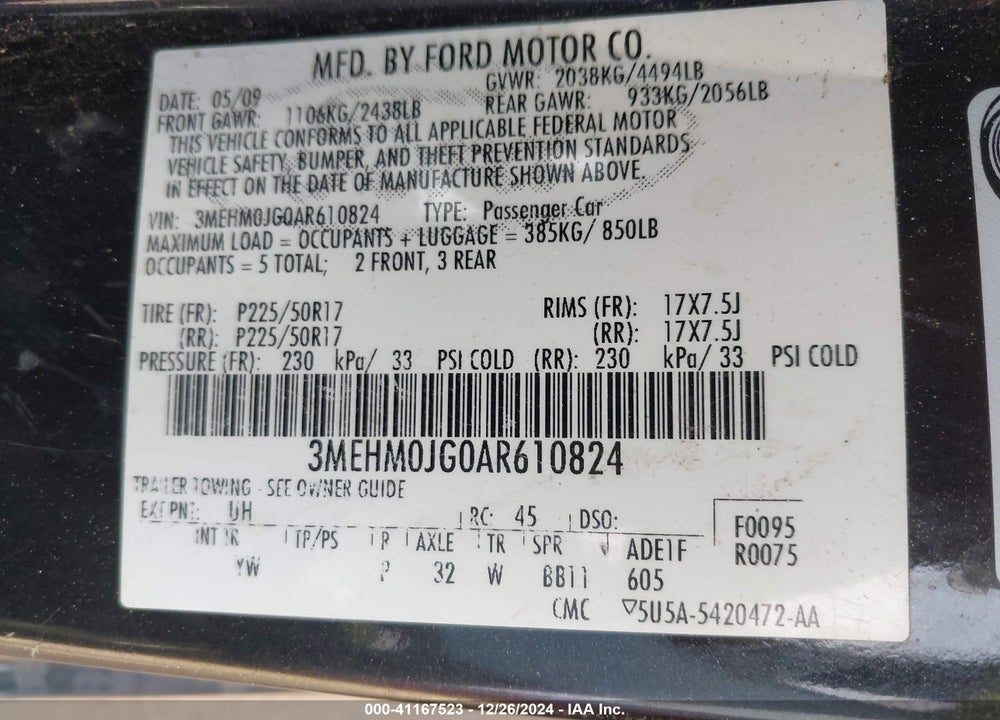 2010 MERCURY MILAN PREMIER VIN: 3MEHM0JG0AR610824