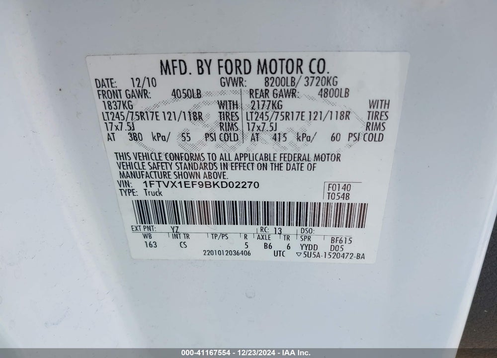 2011 FORD F-150 VIN: 1FTVX1EF9BKD02270