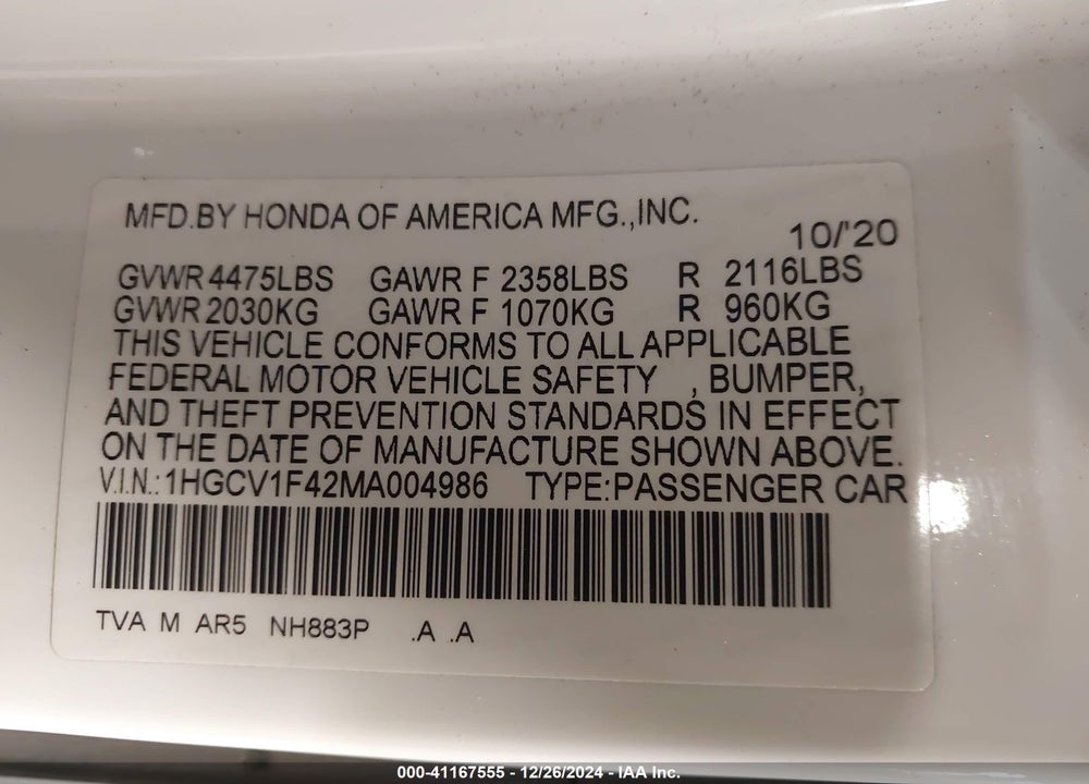 2021 HONDA ACCORD SPORT SPECIAL EDITION VIN: 1HGCV1F42MA004986