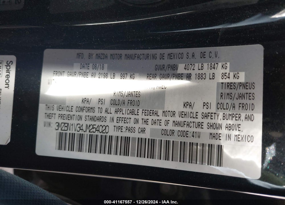 2018 MAZDA 3 TOURING VIN: 3MZBN1V34JM254020