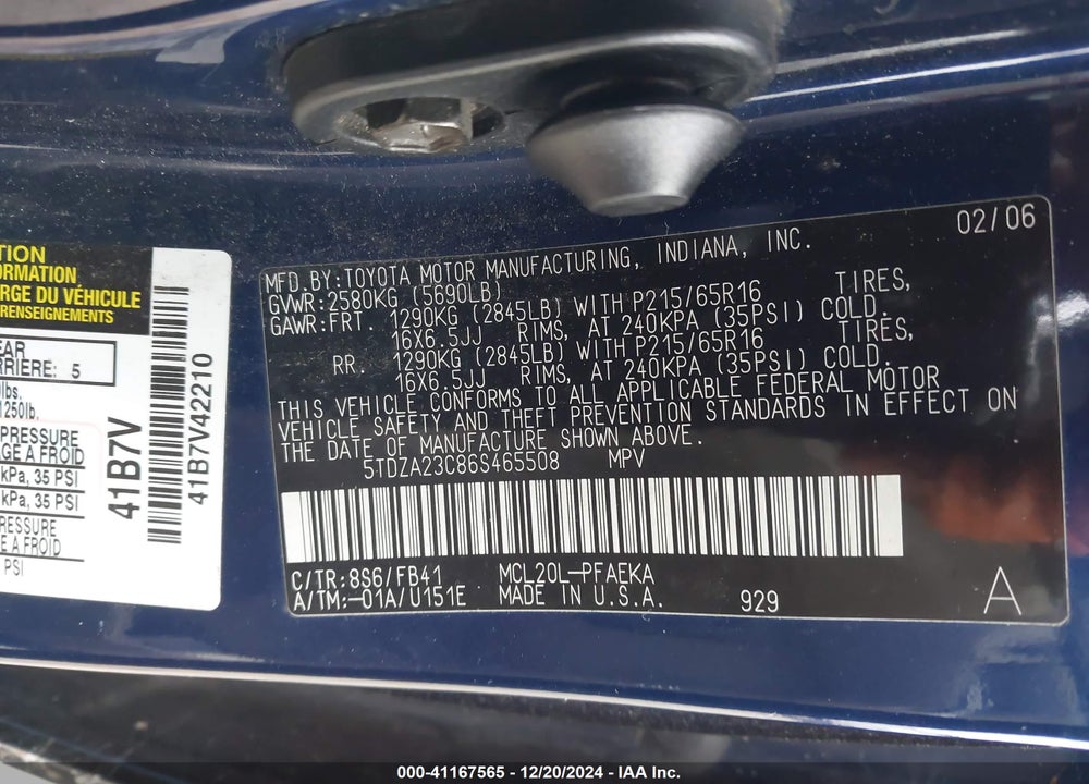 2006 TOYOTA SIENNA CE VIN: 5TDZA23C86S465508