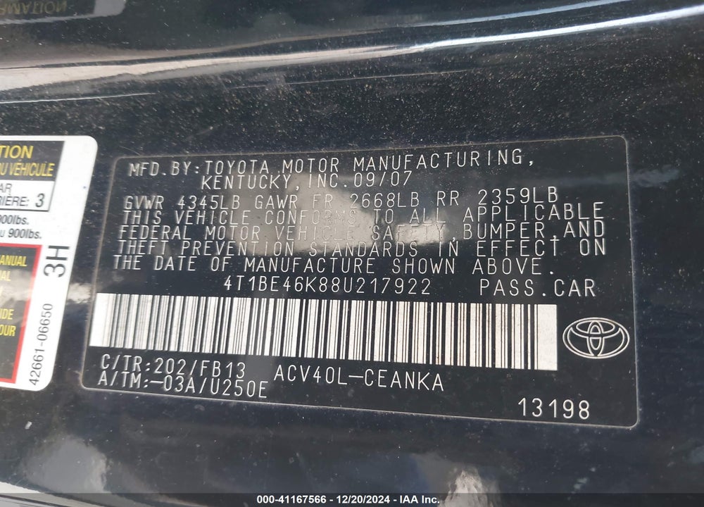 2008 TOYOTA CAMRY LE VIN: 4T1BE46K88U217922