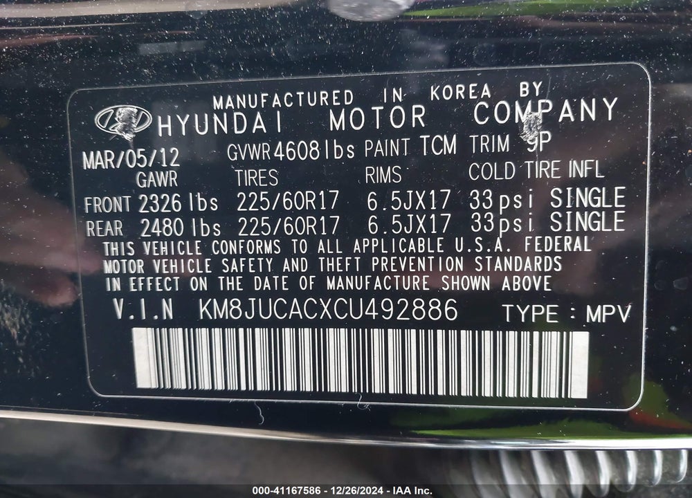 2012 HYUNDAI TUCSON GLS VIN: KM8JUCACXCU492886