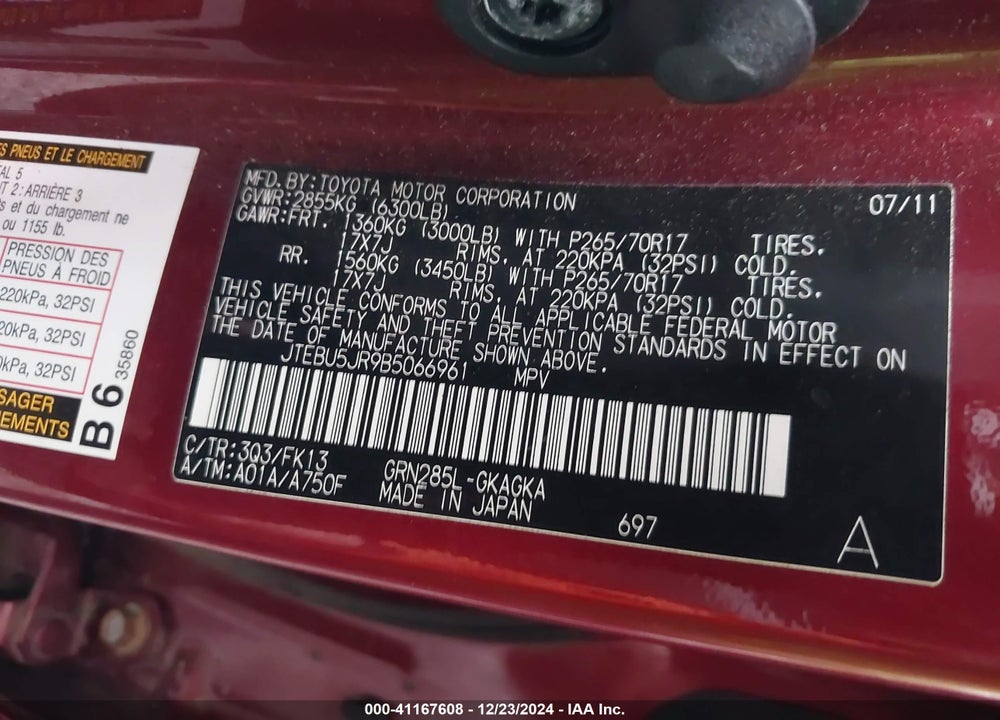 2011 TOYOTA 4RUNNER SR5 V6 VIN: JTEBU5JR9B5066961