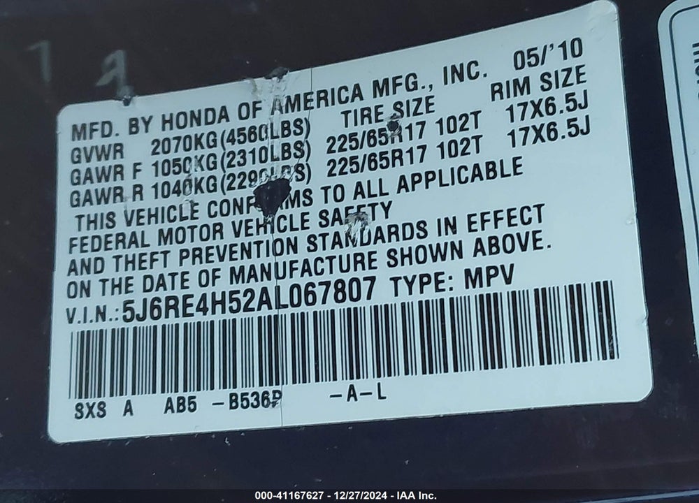 2010 HONDA CR-V EX VIN: 5J6RE4H52AL067807