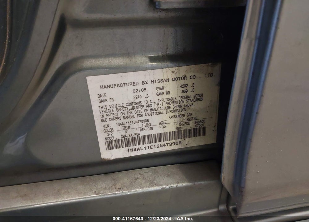 2005 NISSAN ALTIMA 2.5 S VIN: 1N4AL11E15N478908