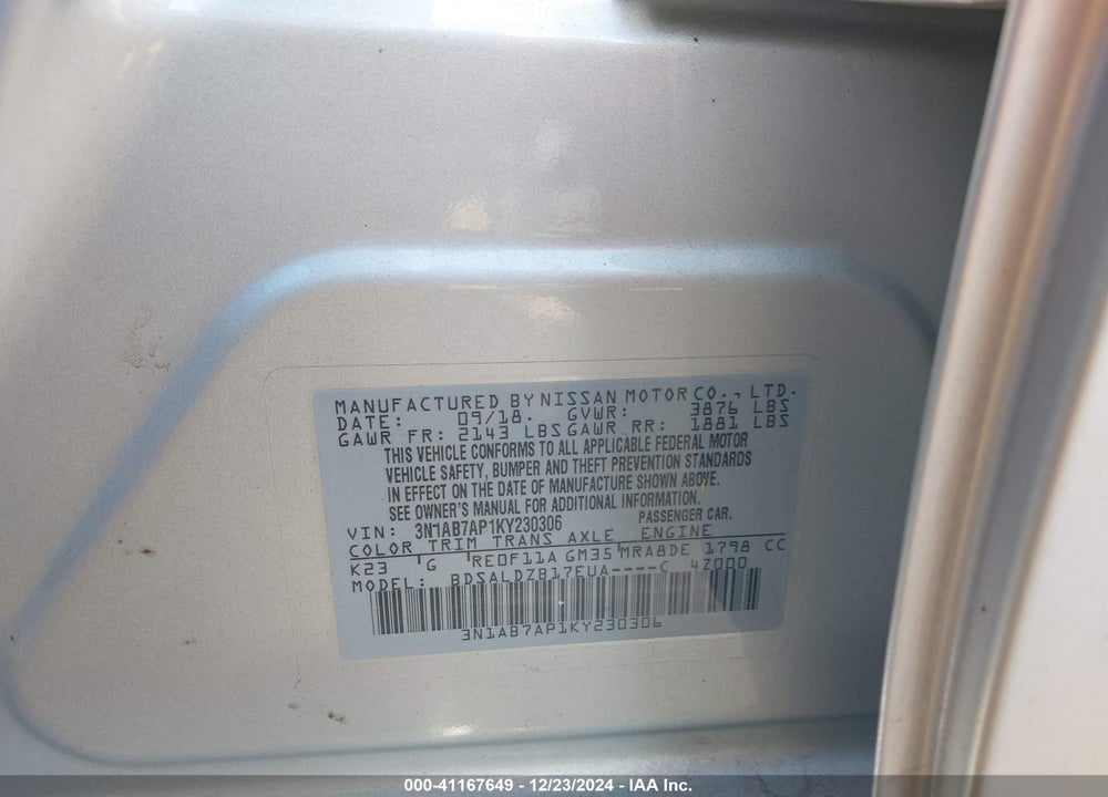 2019 NISSAN SENTRA SV VIN: 3N1AB7AP1KY230306