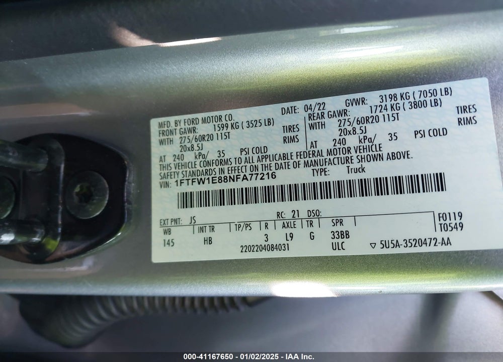 2022 FORD F-150 VIN: 1FTFW1E88NFA77216