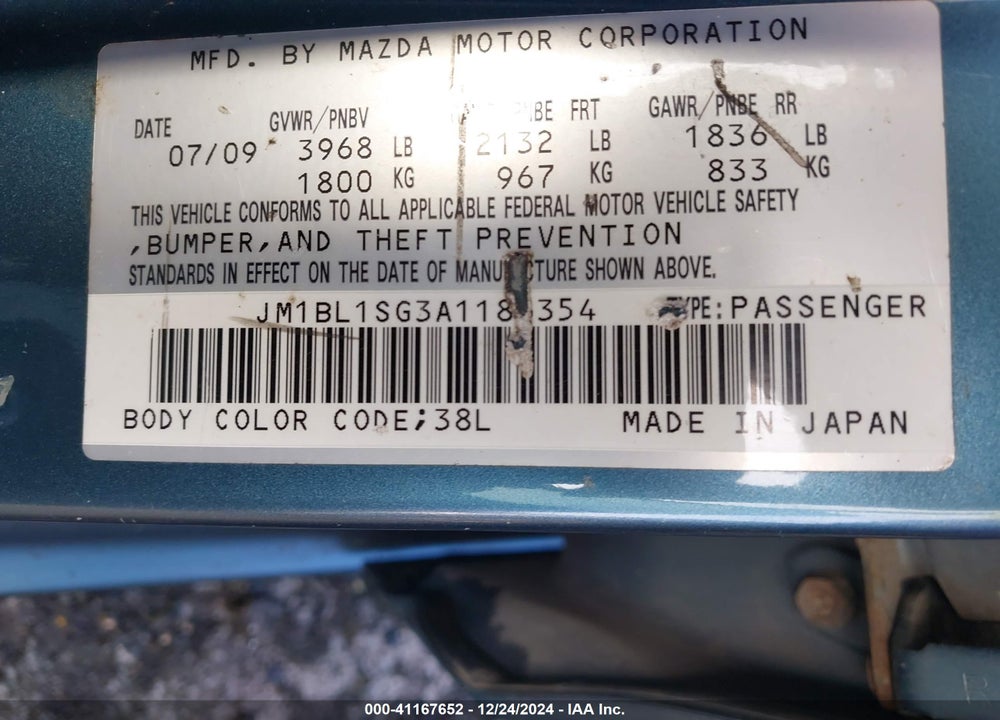 2010 MAZDA 3 VIN: JM1BL1SG3A1186354
