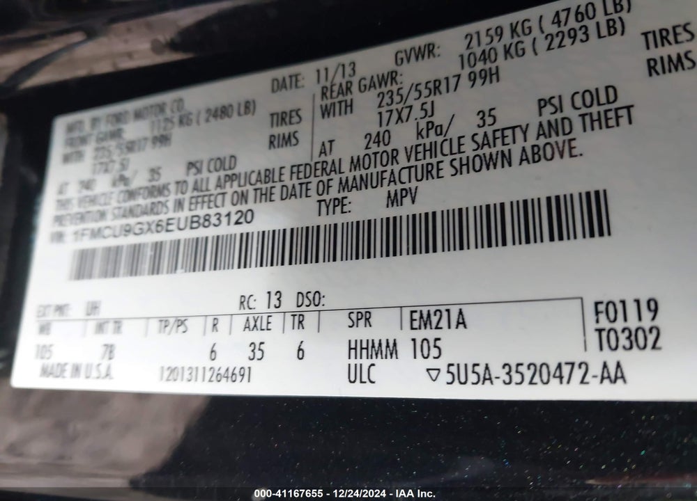 2014 FORD ESCAPE SE VIN: 1FMCU9GX6EUB83120