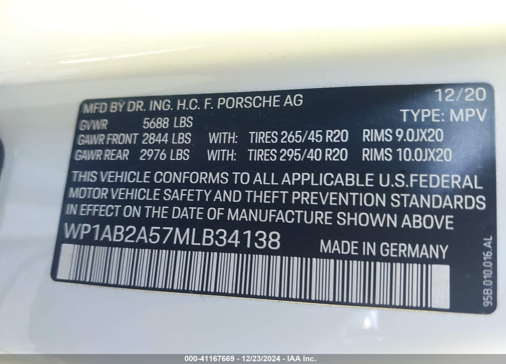 2021 PORSCHE MACAN VIN: WP1AB2A57MLB34138