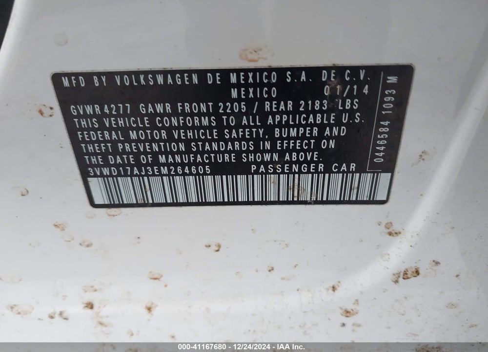 2014 VOLKSWAGEN JETTA VIN: 3VWD17AJ3EM264605