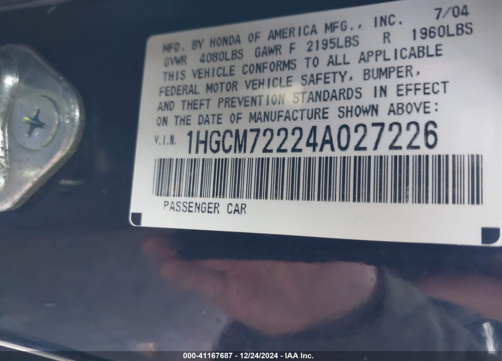 2004 HONDA ACCORD 2.4 LX VIN: 1HGCM72224A027226