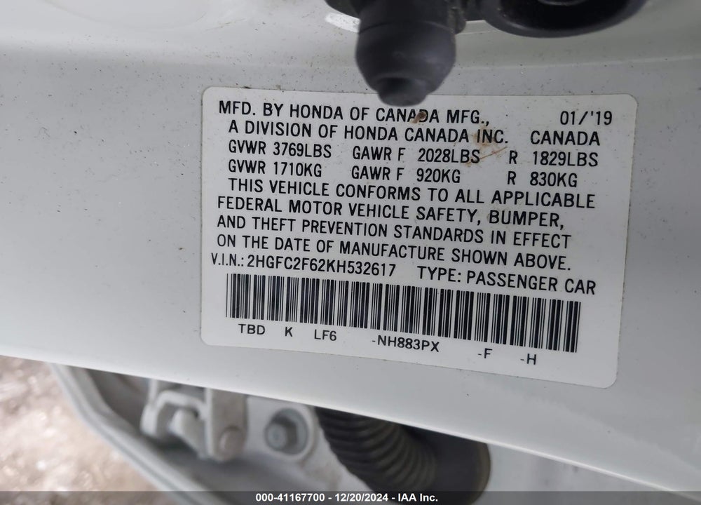 2019 HONDA CIVIC LX VIN: 2HGFC2F62KH532617