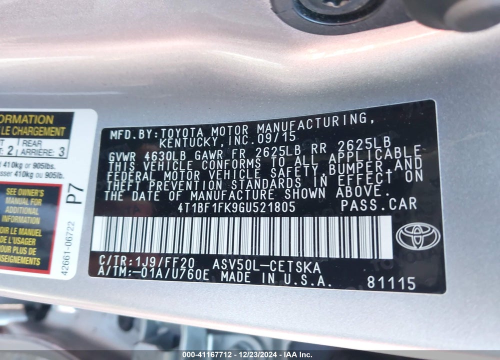 2016 TOYOTA CAMRY SE VIN: 4T1BF1FK9GU521805