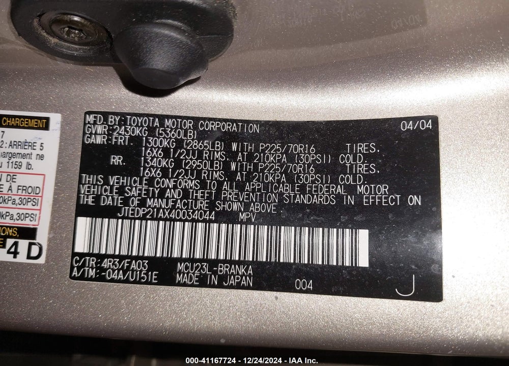 2004 TOYOTA HIGHLANDER V6 VIN: JTEDP21AX40034044